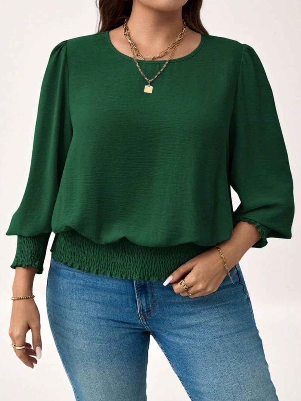 Women’s Green Smocked-Hem Blouse - Stylish Everyday Top